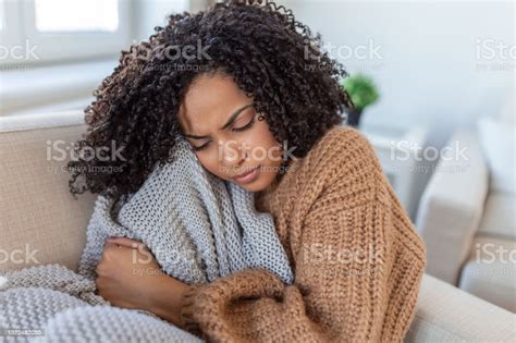 Sick Young African Woman Feeling Cold Covered With Blanket Sit On Bed Ill Black Girl Shivering