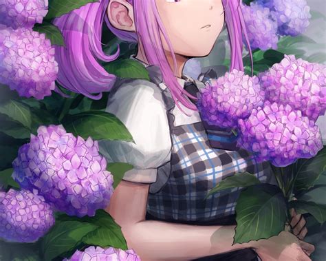 Wallpaper Profile View Looking Away Cute Anime Girl Purple Flowers