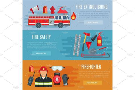 Firefighting Or Fire Safety Vector Banners People Illustrations