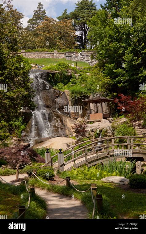 The Japanese Garden With Waterfall And Wood Bridge At Maymont Estate In