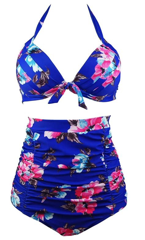 Cocoship Retro S Black Pink Blue Floral Halter High Waist Bikini Set