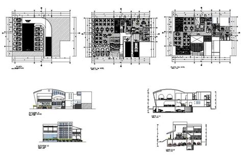 Plan Elevation And Section Of Multi Story Hotel Building 2d View CAD