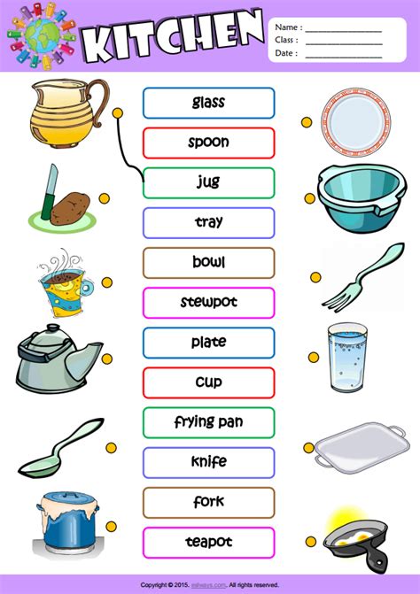 Kitchen Esl Vocabulary Matching Exercise Worksheet For Kids