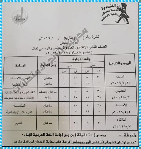 جدول امتحانات الشهادة الاعدادية محافظة المنوفية الترم الاول. جدول امتحانات الشهادة الاعدادية بمحافظة القليوبية 2019 ...