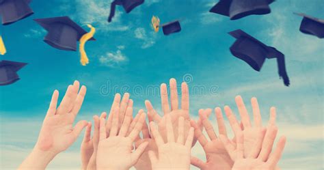 Composite Image Of People Raising Hands In The Air Stock Photo Image
