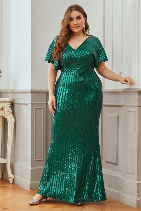 Plus Size Green Sequins Mermaid Evening Dress Classy With Puffy Sleeves 7248 Ep00413dg16