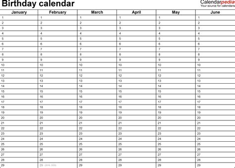 Birthday Calendars 7 Free Printable Excel Templates