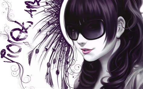 Purple Haired Anime Girl With Sunglasses Girl Drawing Girl With