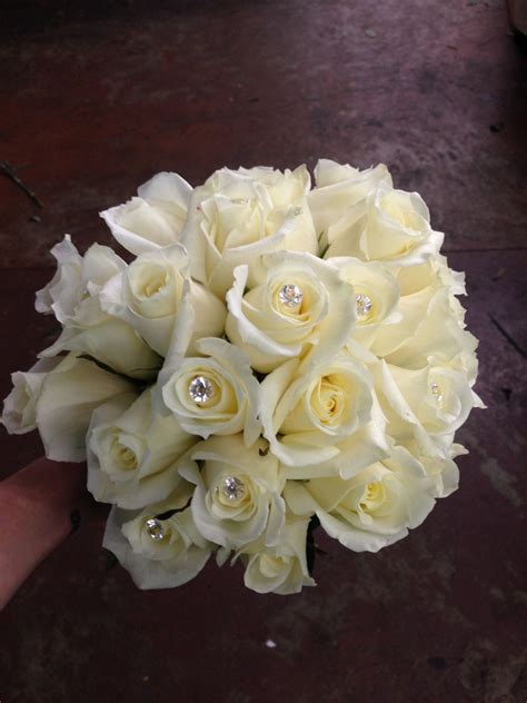 White Rose Bridal Bouquet Classic Diamond Accents Bling Elegant