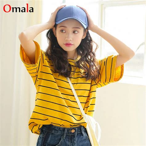 Hot Harajuku Vintage Stripe Print T Shirts Summer Women T Shirt Ulzzang Yellow T Shirt Casual