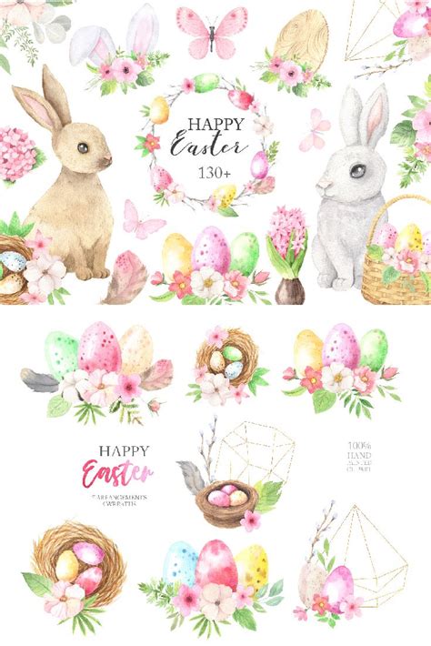 Watercolor Easter Bunny Clipart Spring Basket Egg Wreaths Holiday