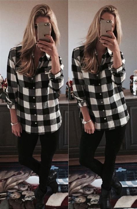 Black And White Plaid Flannel Leggings And Black Boots Comfy Style