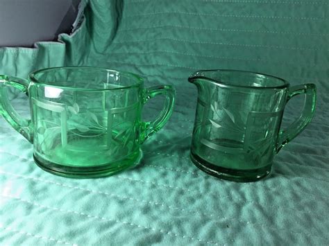Vintage Green Depression Glass Floral Etched Creamer And Open Sugar Antique Price Guide Details