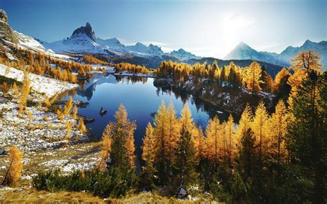 Wallpaper 1400x875 Px Blue Dolomites Mountains Fall Forest Lake