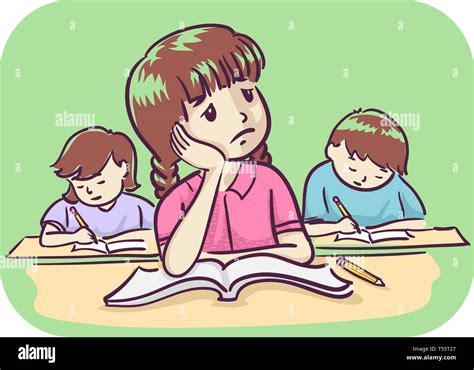 Illustration Of A Bored Kid Girl In Class With Open Book Looking Up And