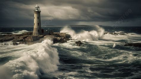 Lighthouse In Front Of A Stormy Sea Background Free Lighthouse Picture