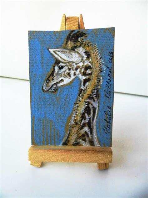 Aceo Original Miniature Painting Giraffe Art Card Mixed Media