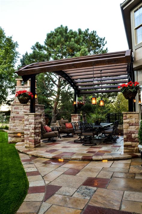 Stone Patio With Pergola And Lighting Landscape Connection