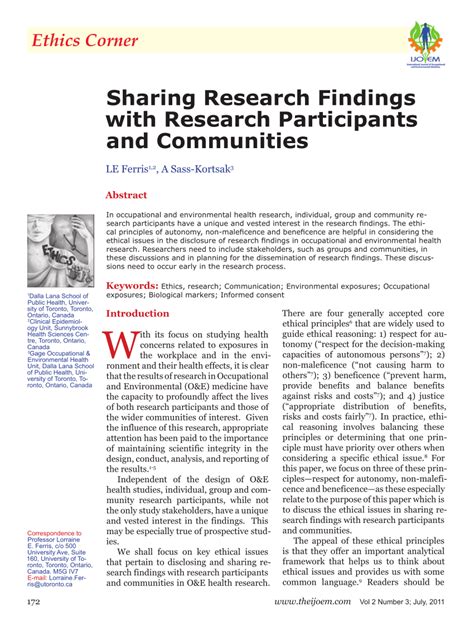Pdf Sharing Research Findings With Research Participants And Communities