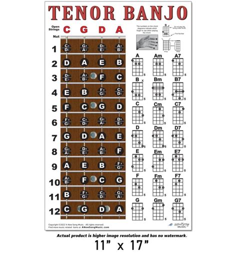 buy tenor 4 string banjo fingerboard notes and chord poster wall chart 11x17 a new song music