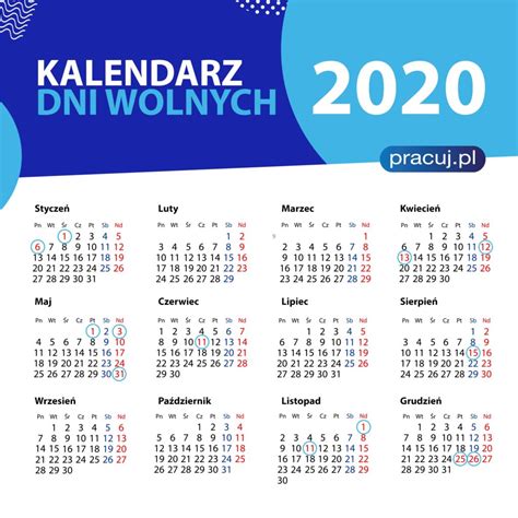 Kalendarz dni wolnych od pracy w 2020 roku