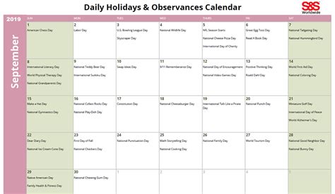 September Daily Holidays And Observances Printable Calendar Sands Blog