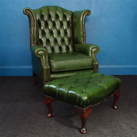 Antique Green Leather Wingback Chesterfield With Footstool Leather