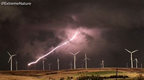 Lightning Strikes The Blade Of A Large Wind Turbine At Smokey Hills