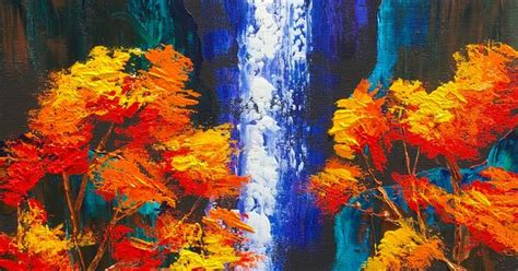 Easy Pallet Knife Of A Waterfall Landscape With Fall Trees In Acrylic