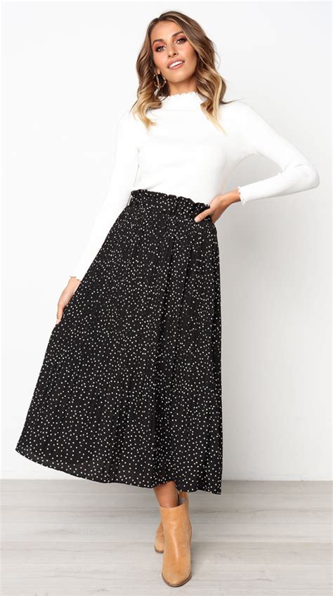 Black Polka Dot Maxi Skirt Printed Long Skirt Fashion Pleated Skirt Spring