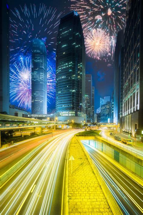 Beautiful Fireworks Above Cities Street Of Hong Kong Stock Image