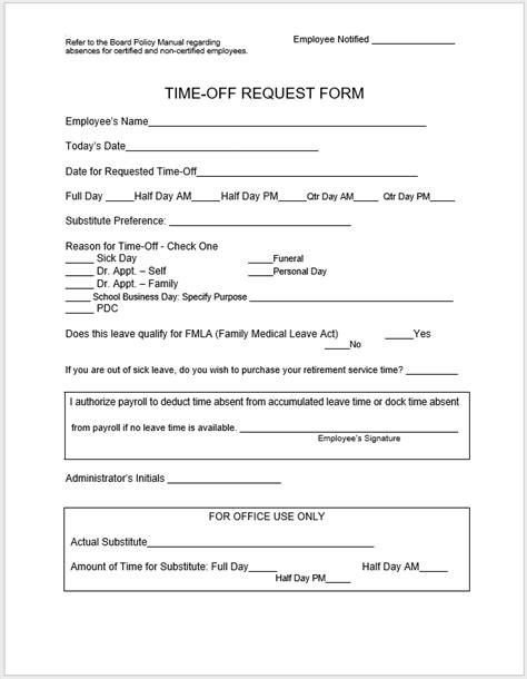 Time Off Request Form Template Printable Samples