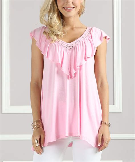 Pink Ruffle V Neck Top Plus Too V Neck Tops Tops Fashion