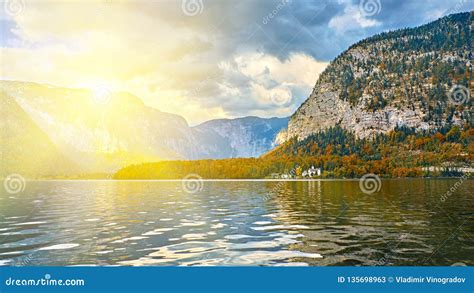 Panoramic Scenic View Of Beautiful Sunrise In Austrian Alps At