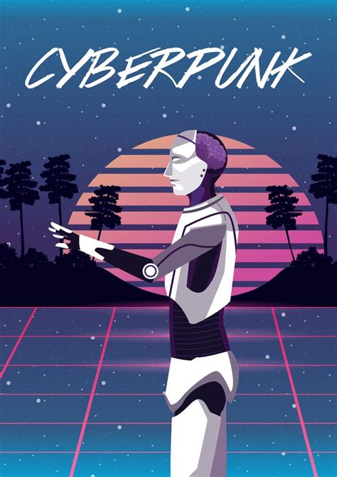 A Robot Standing In Front Of A Sunset With The Words Cyberpunk On It