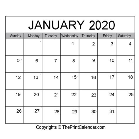 January 2020 Printable Calendar Template Pdf Word And Excel