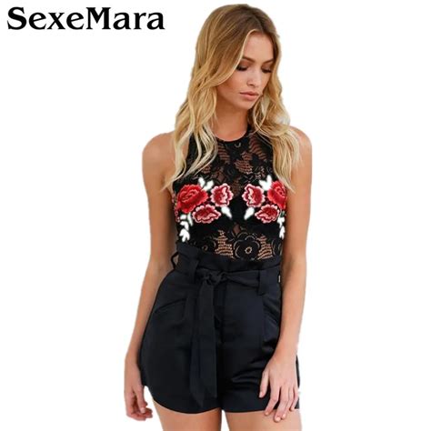Sexy Ladies Rose Floral Embroidery Halter Neck One Piece Skinny Lace Bodysuitslace Bodysuit