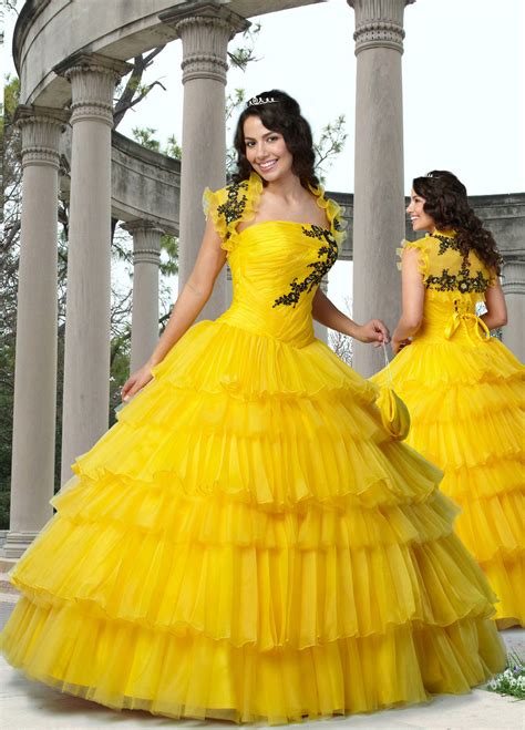 Yellow Ball Gown Strapless Lace Up Floor Length Black Embroidered