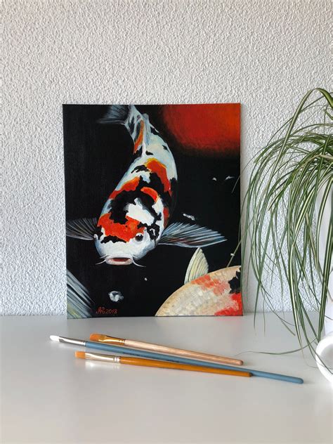 Koi Fish Original Acrylic Painting On Canvas Black Background Etsy