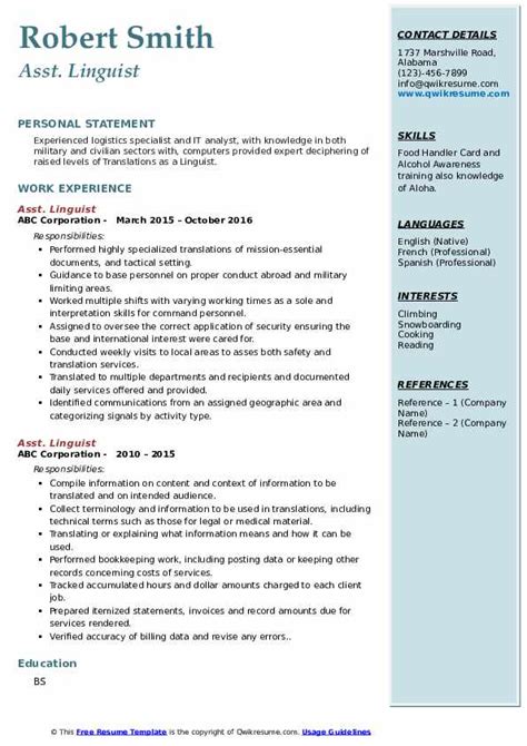 Linguist Resume Samples Qwikresume