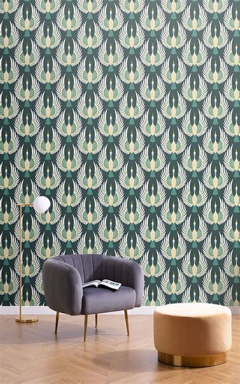 Green Art Deco Crane Bird Pattern Wallpaper Hovia Papier Peint Art