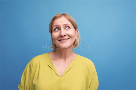 Portrait Of A Funny Middle Aged Woman With A Bob Hairstyle With A Grimace Stock Image Image Of