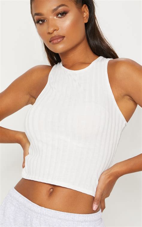 White Ribbed Racerback Cropped Vest Tops Prettylittlething Il