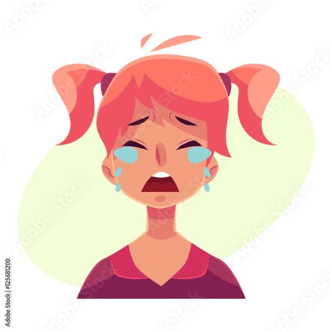 Teen Girl Face Crying Facial Expression Cartoon Vector Illustrations