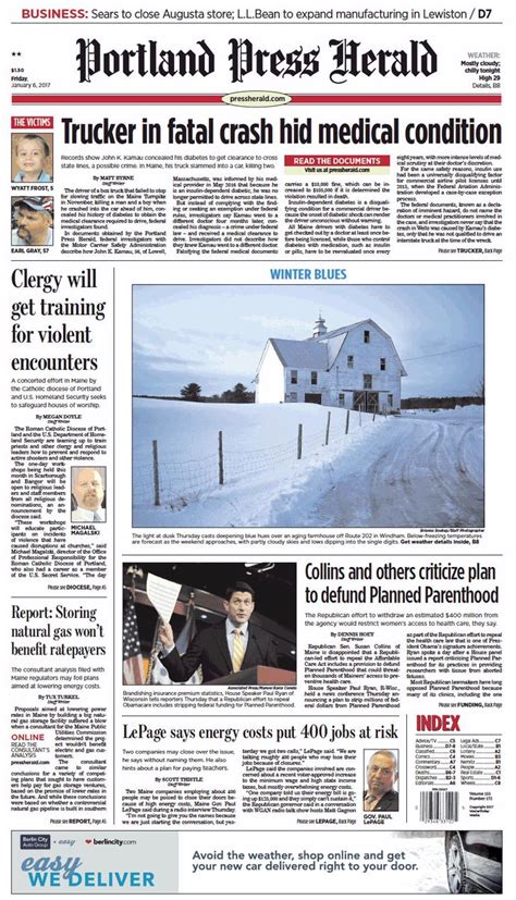 Today S Portland Press Herald Front Page Friday January 6 2017