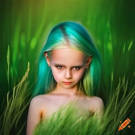 portrait of a girl with big eyes and long hair surrounded by green colors on craiyon