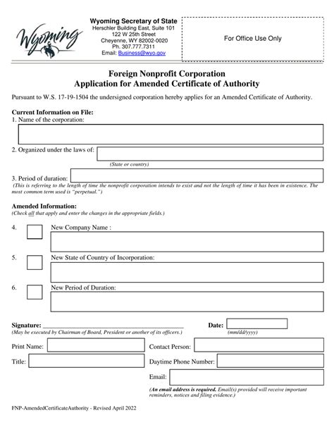 Wyoming Foreign Nonprofit Corporation Application For Amended