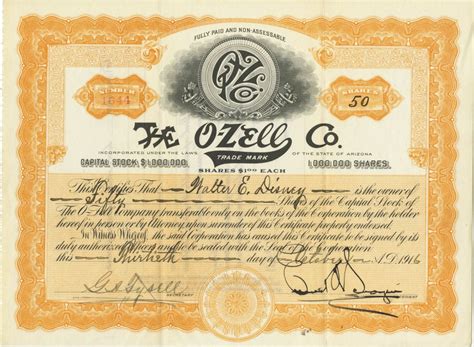 Apple corporation provides software, designs products for computing devices, mobile communication device worldwide with the famous brand ipod, ipad, etc. Walter E. Disney Original O-Zell Stock Certificate. - Van Eaton Galleries
