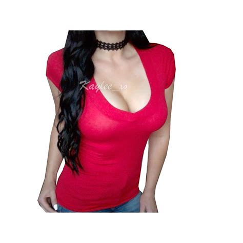 Fdplus Sexy Plus Size Low Cut Cleavage Wide Band V Neck T Shirt Tee