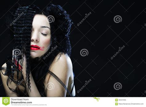Young Beautiful Woman With Curly Hair And Red Lips Stock Image Image Of Jewelry Cosmetic